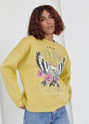 Трендовый утепленный свитшот с принтом надписи розы птица орел / свитер оверсайз на флисе6 фото