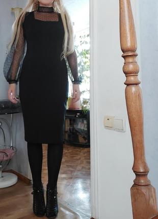 Платье чёрное ,  с пышными рукавами в сетку.3 фото