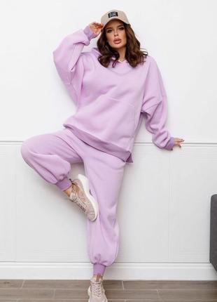 Сиреневый утепленный флисом костюм с худи и шароварами