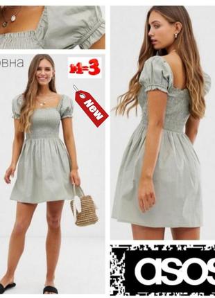 ♥️1+1=3♥️ asos хлопковое платье мини с присборенным лифом и квадратным вырезом