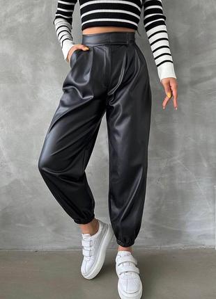 Кожаные брюки с начесом теплые утепленные брюки с начесом черное мокко кожаное1 фото