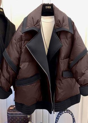 Куртка женская теплая оверсайз с карманами на молнии качественная стильная трендовая коричневая серая1 фото