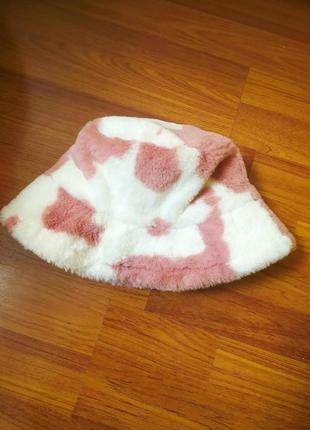 Плюшевая теплая шапка панама коровка белая розовая женская деми2 фото