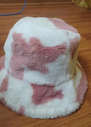 Плюшевая теплая шапка панама коровка белая розовая женская деми3 фото