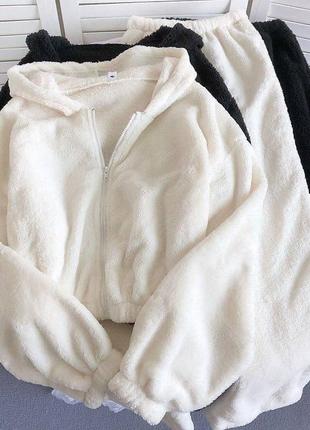 Тепла піжама махрова худі на замочку з капюшоном вільного крою штани кльош широкі палаццо з високою посадкою на резинці