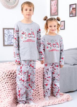 Новогодняя теплая детская подростковая пижама на байке, теплая пижама с начесом фемили лук, family look комплект новогодний детский гном