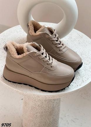Натуральні шкіряні зимові утеплені кросівки - хайтопи - спортивні черевики кольору мокко
