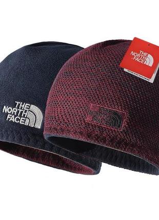 Двусторонняя шапка the north face синий флис + красный трикотаж