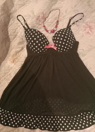 Безумно красивый пеньюар в горох вверху и низу, оборочки сетка