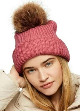 Новая теплая женская шапка topshop 🌙 casual pom ribbed beanie pink