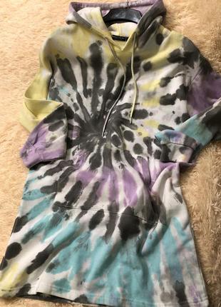 Крутое худи платье на флисе, в стиле тай-дай, известный бренд