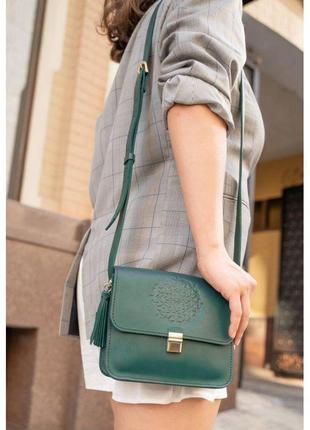 Шкіряна жіноча бохо-сумка лілу зелена7 фото