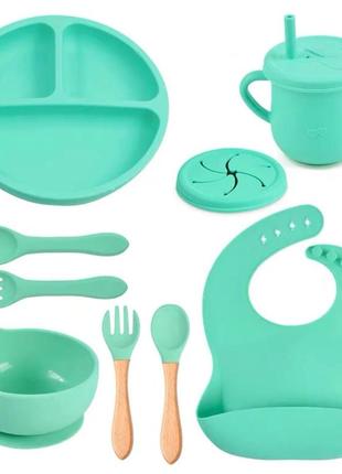 Набор детской силиконовой посуды для кормления 9в1 (цвет светло-изумрудный y15)1 фото