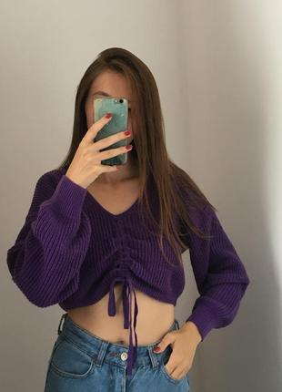Фиолетовый вязаный свитер на стяжке5 фото