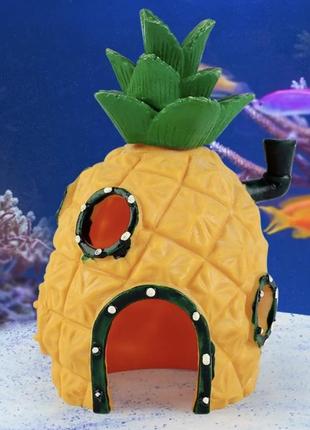Декор для аквариума "ананасовый замок" аквариумный пейзаж - размер 13*7,5*7,5 см, желтый, смола