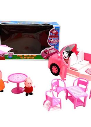 Машина кабріолет рожевий розкладний з героями свинка пеппа peppa pig  музична зі світлом1 фото