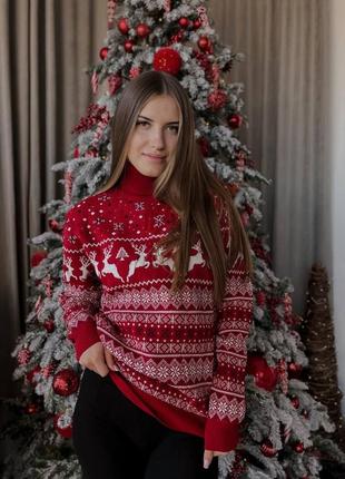 Парные новогодние свитера с оленями с горлом фемели лук мужской женский свитер с оленями красный мягкий приятный тянется шерстяной4 фото