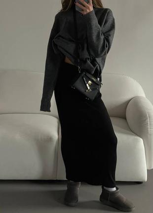 Женская трендовая базовая длинная тёплая мягкая черная юбка ангора рубчик 20232 фото