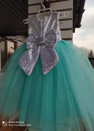 Платье нарядное на утренник бальное бирюзовое нарядное фатиновое длинное на 6-7 лет