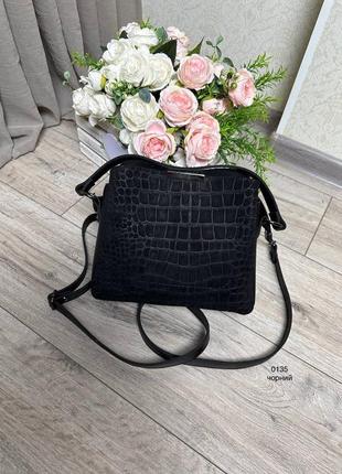 Женская стильная и качественная сумка из натуральной замши и искусственной кожи на 3 отдела черный3 фото