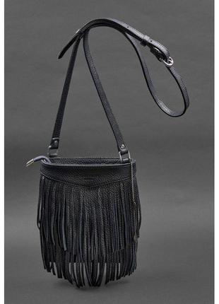 Кожаная женская сумка с бахромой мини-кроссбоди fleco темно-синяя1 фото