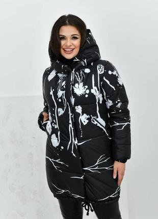 Женское зимнее пальто-куртка из непромокаемой плащевки с принтом большие размеры 42-56