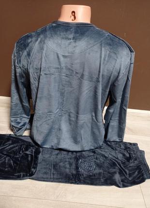 Чоловіча піжама утеплена темно-синя  48-56 розміри двійка реглан та штани бавовна кашемір велюр2 фото