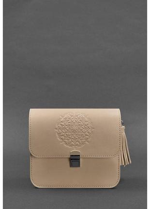 Кожаная женская бохо-сумка лилу светло-бежевая краст
