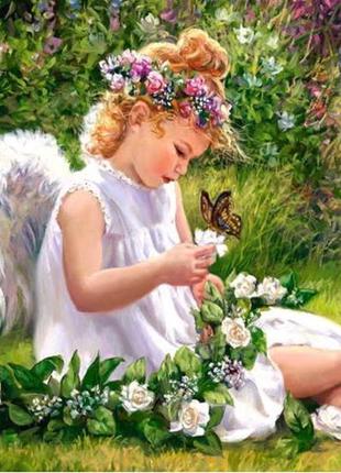 Алмазна мозаїка вишивка дівчинка-янгол ангел у саду на підрамнику повна 5d 30х40