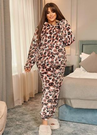 Теплая плюшевая пижама с принтом ягуара из худи с капюшоном с кошенью кенгуру с брюками одежда для дома домашний костюм