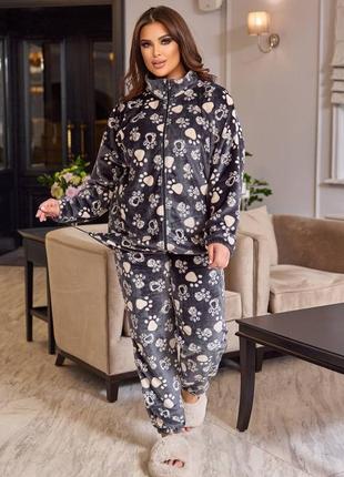 Теплая плюшевая пижама с принтом следы лапки с кофтой на молнии с брюками одежда для дома домашний костюм