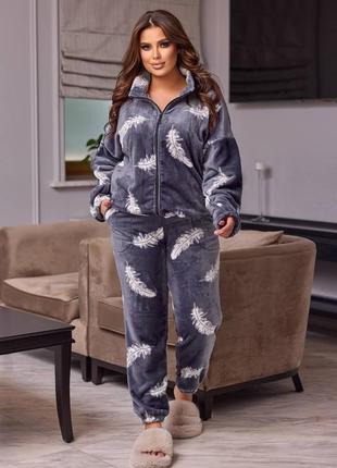 Теплая плюшевая пижама с принтом перо с кофтой на молнии с брюками одежда для дома домашний костюм