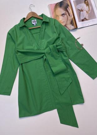 Зелёное мини платье рубашка с большим поясом