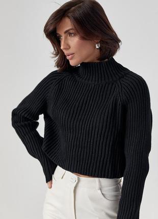 Короткий вязаный свитер в рубчик укороченный реглан черный кофта внята в рубчик зимняя короткая кроп топ кроптоп в полоску черная водолазка