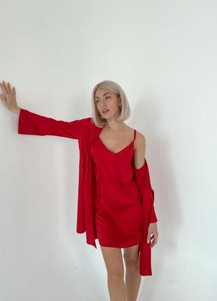 Женская шелковая пижама 5ка (халат + майка + шорты + брюки + ночная рубашка) s красный