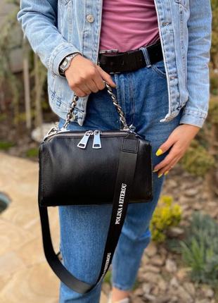 Женская кожаная сумка бочонок polina & eiterou через на плечо жіноча шкіряна чорна2 фото