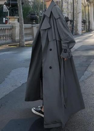 Тренч серый длинный широкий s m оверсайз с поясом стильное пальто