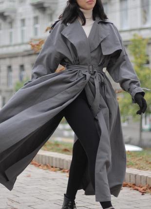 Тренч серый длинный широкий s m оверсайз с поясом стильное пальто3 фото