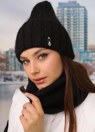 Женский тепленький комплект шапка +хомут с шерстью кролика, илона, черный