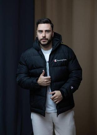 Мужская зимняя куртка champion черная до -25*с теплая зимний пуховик чемпион с капюшоном (bon)