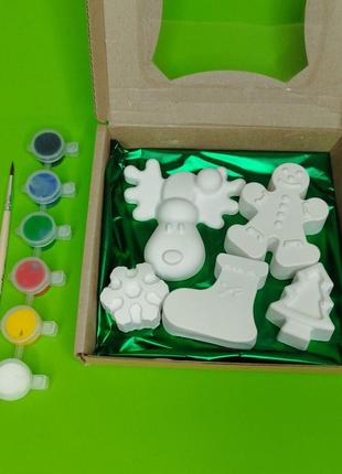 Подарунковий набір новорічні гіпсові фігурки для творчості для розфарбовування дітям
