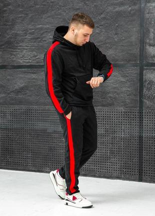 Чоловічий зимовий спортивний костюм чорно-червоний з однотонним лампасами комплект худі + штани на флісі (b)