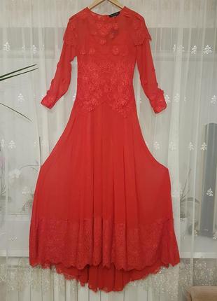 Длинное красное вечернее, выпускное платье с кружевом и шлейфом nothing but love2 фото