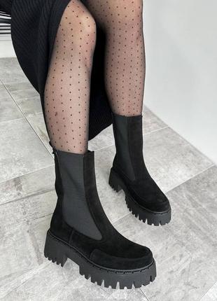 Чесли ботинки женские замшевые зимние, на высокой платформе, натуральная замша, черные5 фото