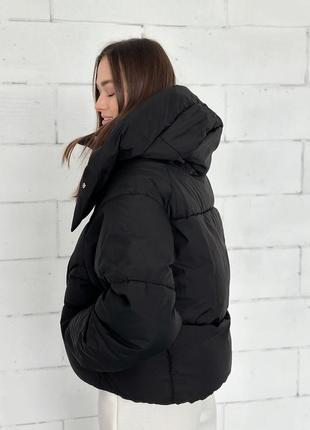 Женская оверсайз черная зимняя короткая лута куртка, женский оверсайз дутый короткий черный пуховик