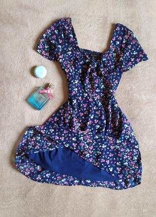 Красивое трендовое женственное шифоновое темно синие платье с пышной юбкой цветочный принт2 фото