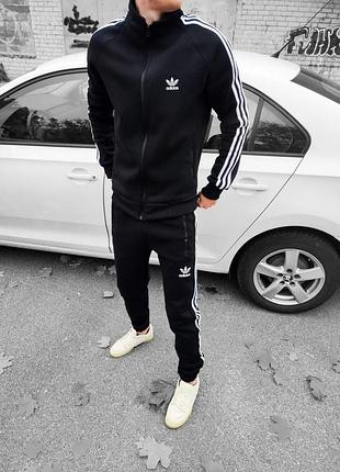 Чоловічий зимовий спортивний костюм adidas чорний без капюшона адідас теплий на флісі (b)