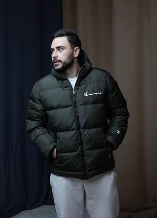 Мужская зимняя куртка champion хаки до -25*с теплая зимний пуховик чемпион с капюшоном (bon)