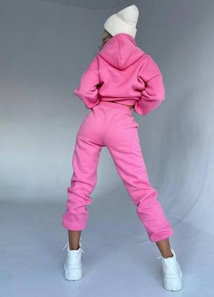 Яскравий костюм двійка жіночий, худі/штани костюм на флісі, комплект на зиму рожевий3 фото