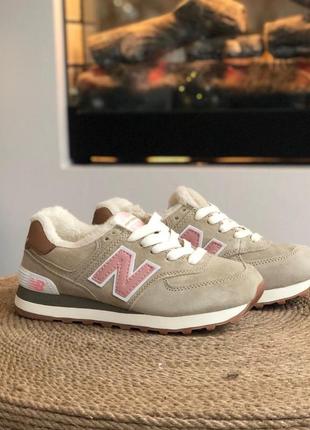 Женские кроссовки new balance 574 beige pink white зима / smb